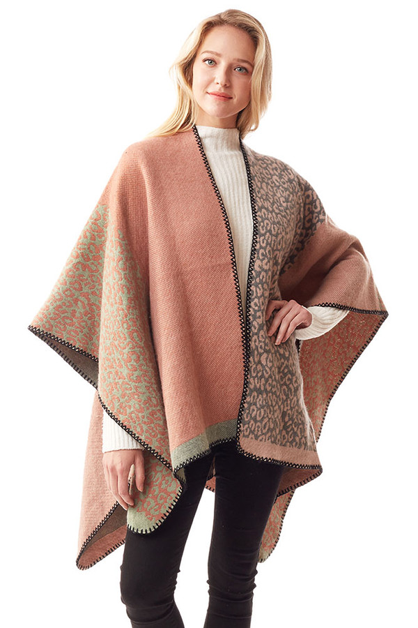 Animal Print Color Block Ruana-LOF1224 Animal Print Color Block Ruana-LOF1224