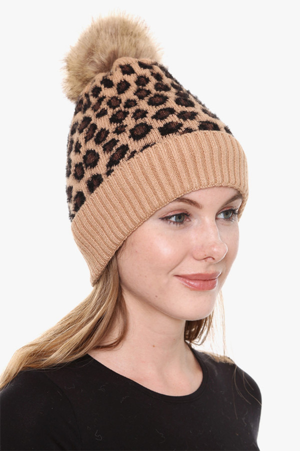 LEOPARD PATTERN SHERPA LINED POM BEANIE-JH259