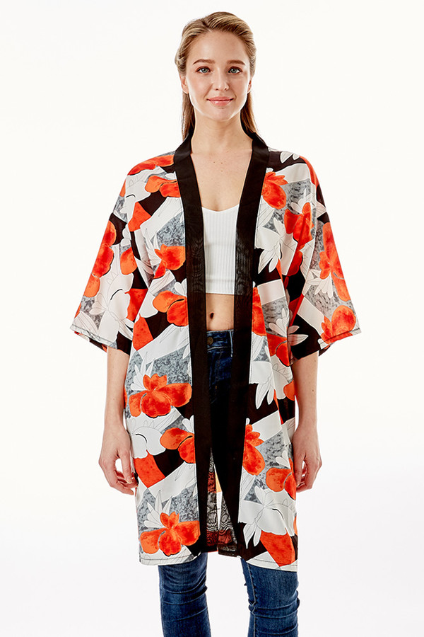 TROPICAL PRINT HALF SLEEVE KIMONO-LOF1280