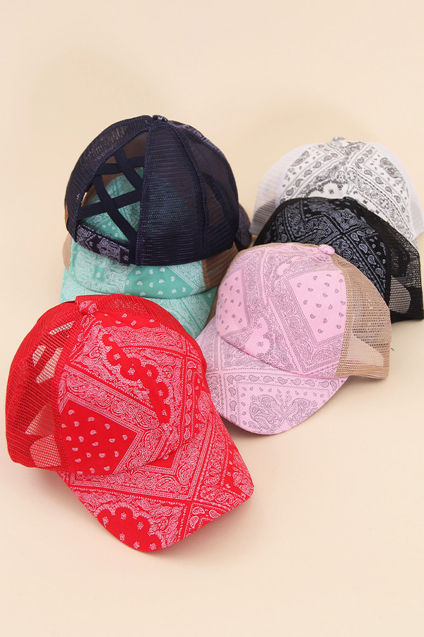 C.C PAISLEY BANDANA CRISS CROSS PONYCAP-BT-1010 C.C PAISLEY BANDANA CRISS CROSS PONYCAP-BT-1010