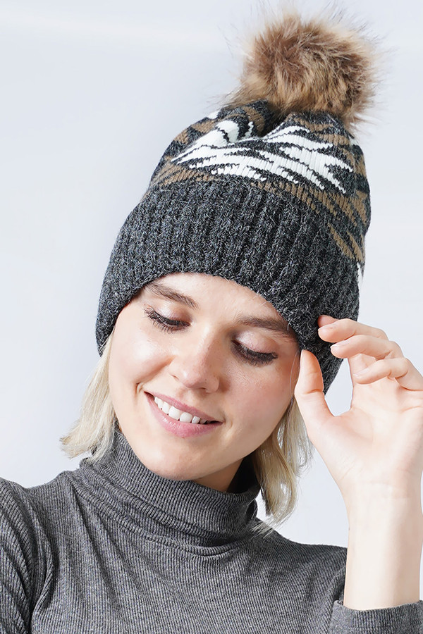 WESTERN PATTERN KNIT POM BEANIE-EHT10307