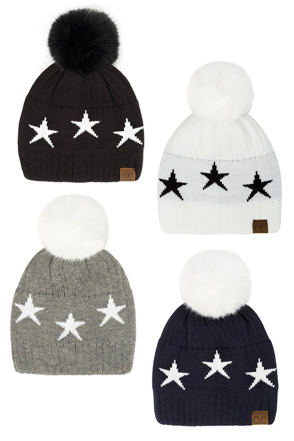 C.C STAR PATTERN POM BEANIE-HAT-4023 C.C STAR PATTERN POM BEANIE-HAT-4023