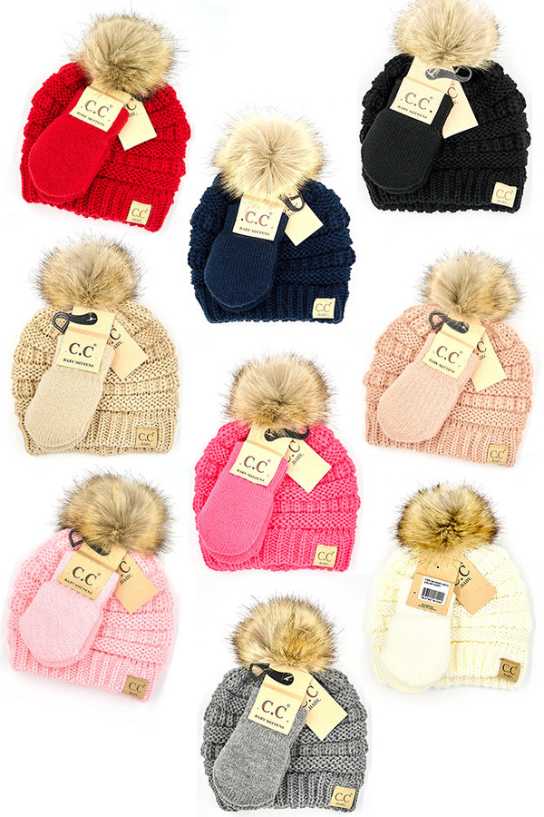 C.C SOLID RIBBED BABY POM BEANIE AND GLOVE-BABY-SET3