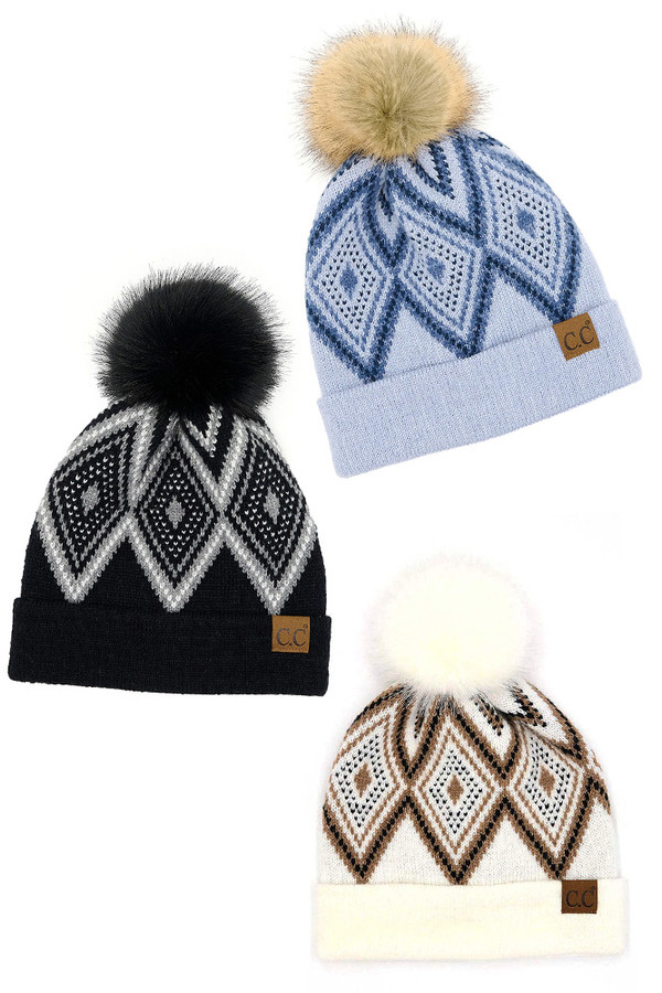 C.C DIAMOND GEOMETRIC PATTERN POM BEANIE-YJ-1001