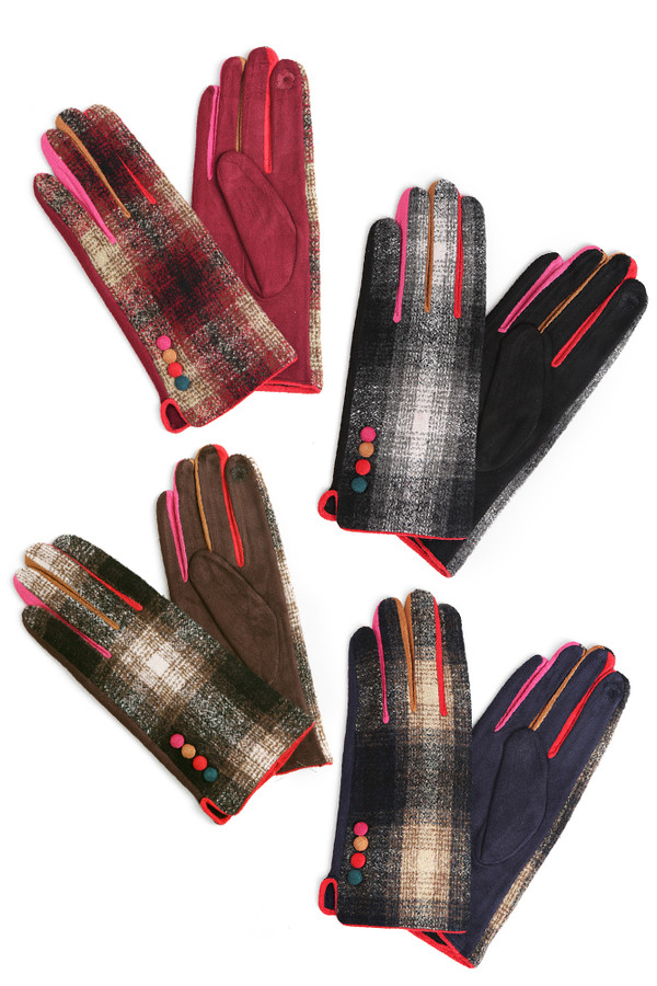 PLAID PATTERN COLOR BUTTONS GLOVES-JG860 (12pc)