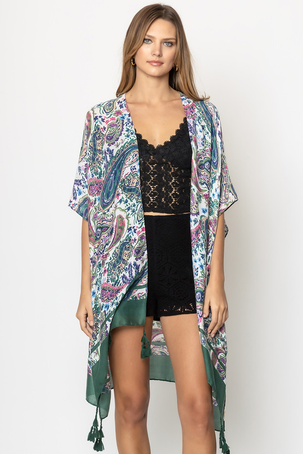 Paisley Border Print Tassel Kimono Paisley Border Print Tassel Kimono