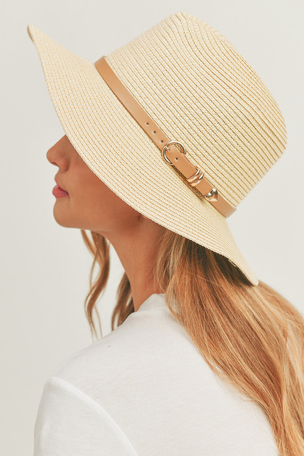 PU Leather Buckled Band Panama Hat-MH0113