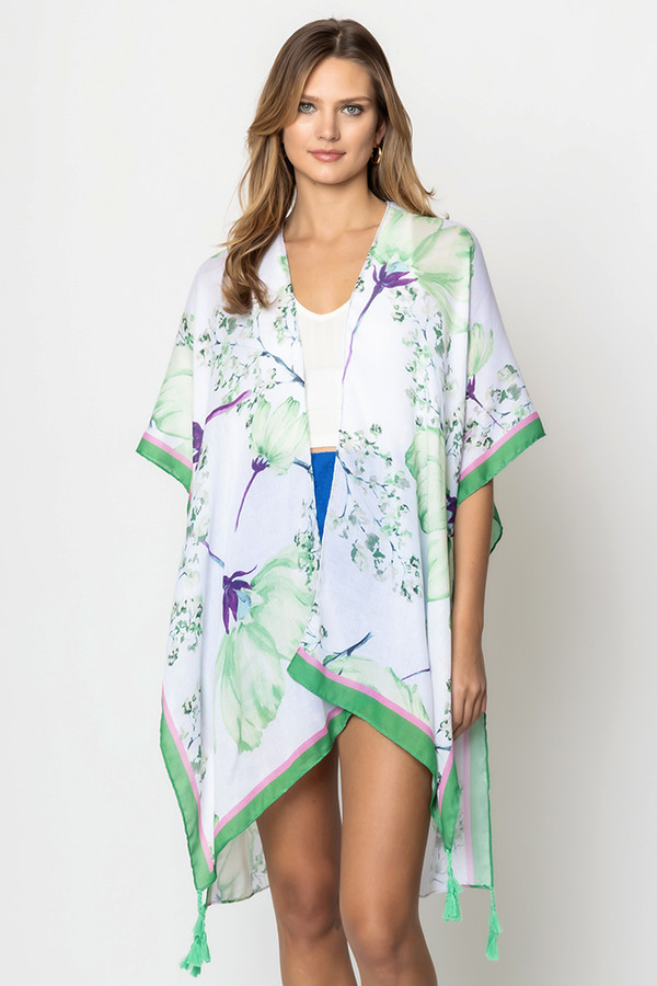 Floral Print Tassel Kimono-WLK310380