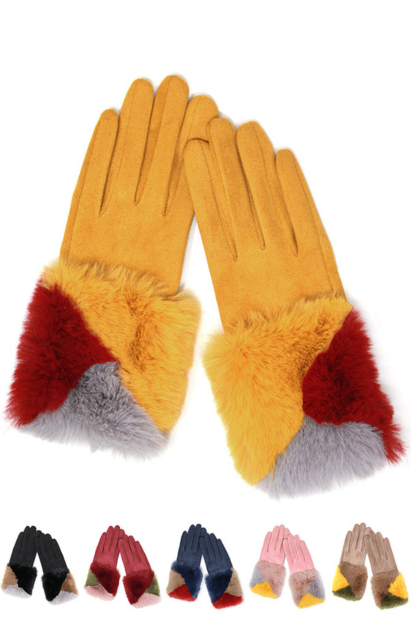 Suede with Color Faux Fur Cuff Smart Gloves-LOG181