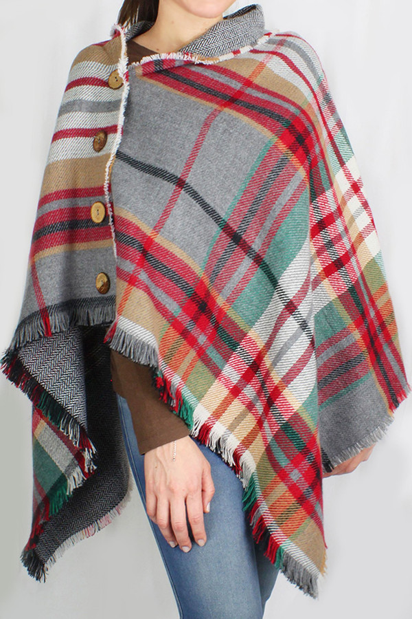 Tartan Reversible Button Poncho-EAPC9880