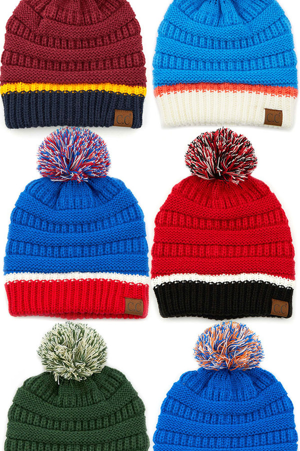 C.C Multi Color Yarn Pom Beanie-HTE0029 - HANA WHOLESALE