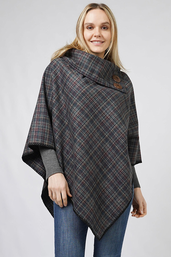 Plaid Pattern with Coconut Button Poncho-EPC10805