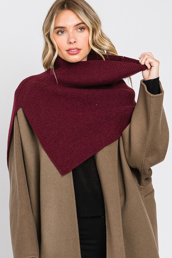 Solid Knit Elegant Turtleneck Slit Shawl-MS0318 Solid Knit Elegant Turtleneck Slit Shawl-MS0318