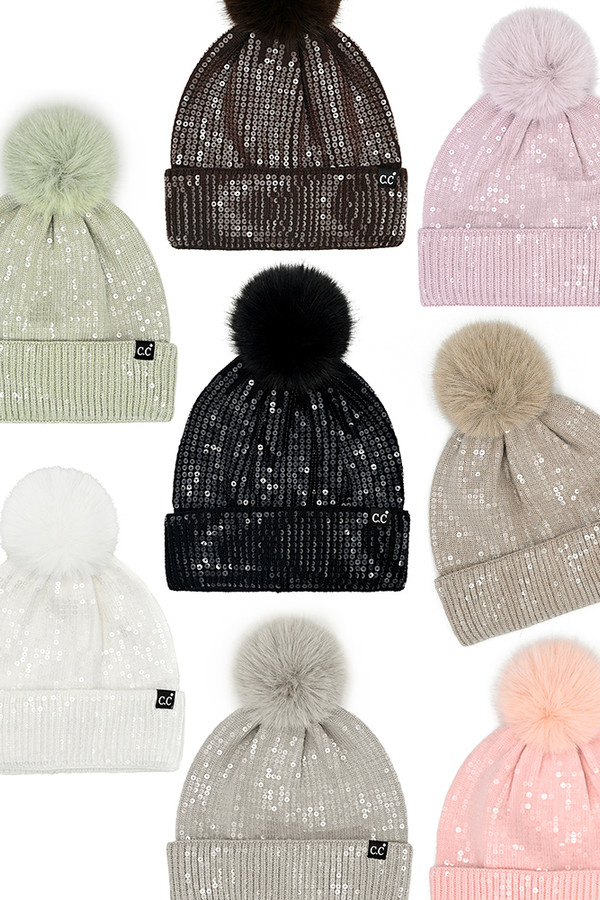 C.C All Over Clear Sequin Pom Beanie-HTC0044