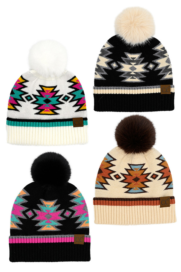 C.C Southwest Pattern Pom Beanie-HTE0030