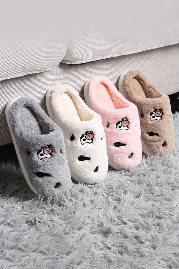 Fuzzy Cow Embroidered Slipper-JCL4211 (3pairs)