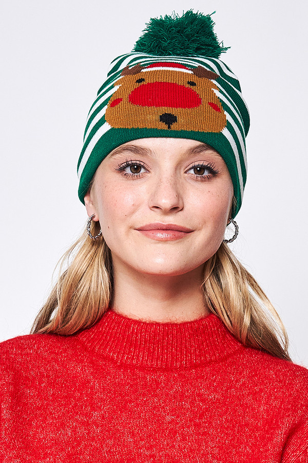 Holiday Stripe Reindeer Pom Beanie-WCB320020