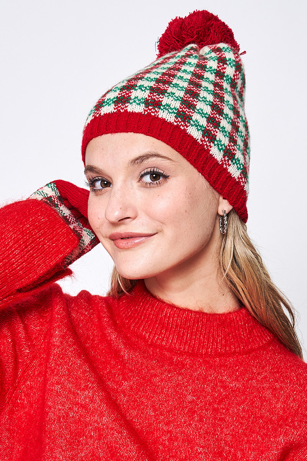 Holiday Checkered Pom Beanie-WCB320024