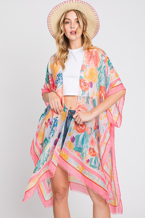 Hand Drawn Feel Watercolor Flower Garden Kimono-MS0348