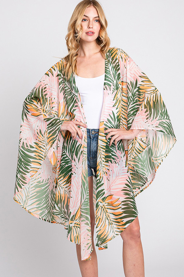 Tropical Leaves Print Shawl Cover Up
