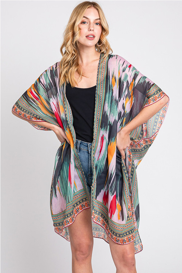 Geometric Trim Tie Dye Print Kimono