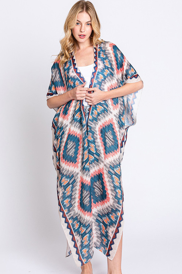 Aztec Print Open Front Long Kimono
