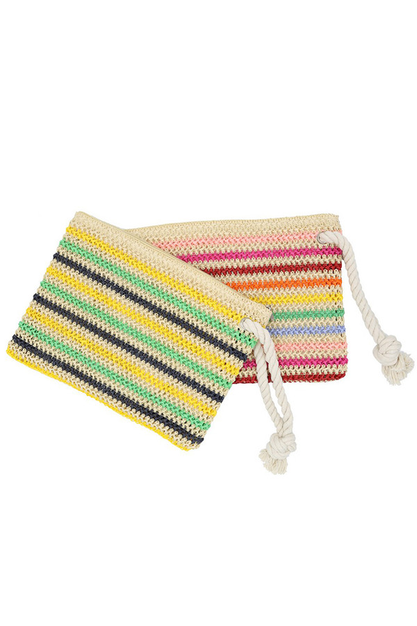 Rope Handle Multi Color Striped Straw Crochet Pouch
