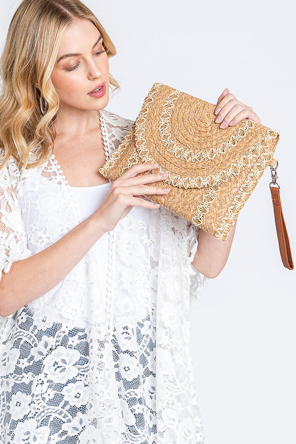 Stitch Detail Straw Clutch Crossbody Bag