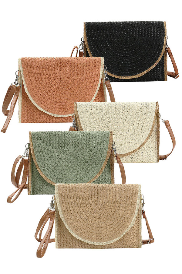 Frayed Trim Two Tone Straw Clutch Crossbody Bag