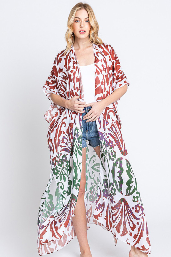 Damask Print Open Front Long Kimono