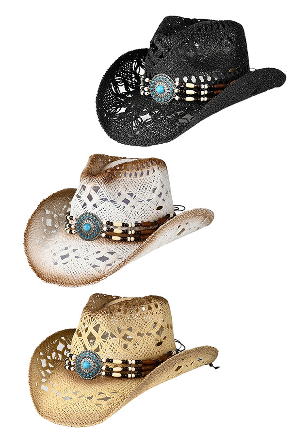 C.C Beanie Western Wooden Bead Band Tea-Stain Cowboy Hat