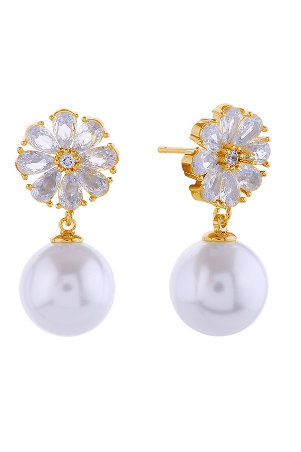 14K Flower Crystal Top Pearl Post Earrings