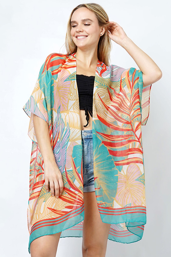 Tropical Leaves Print Kimono