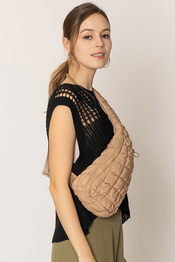Beige - Handcrafted Quilted Sling Bag 11