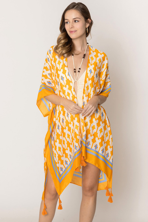 Tile Print Stripe Edge Tassel Kimono