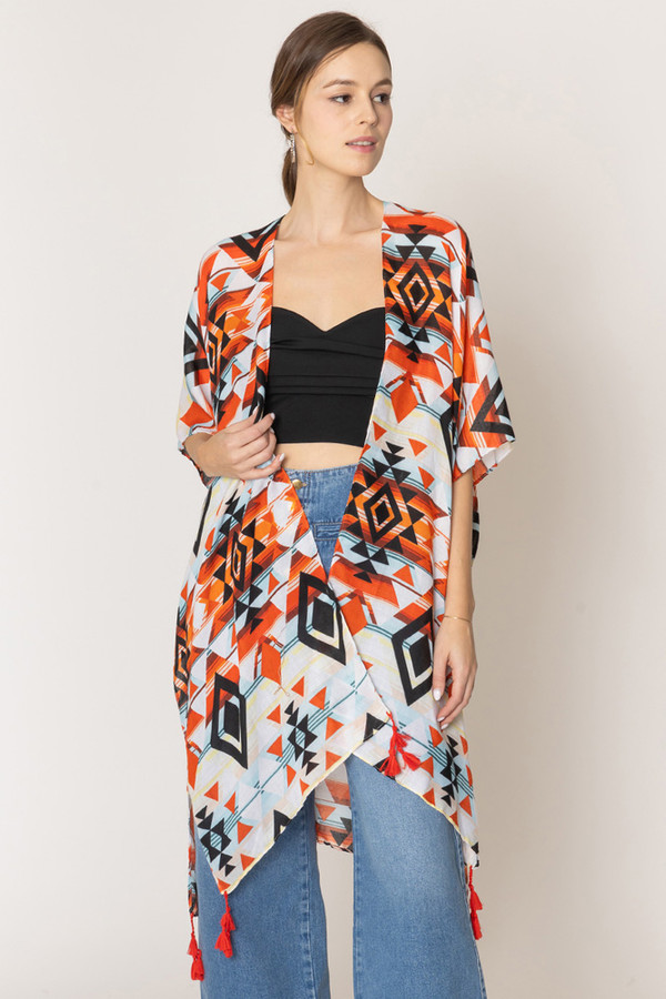 Aztec Pattern Print Tassel Kimono