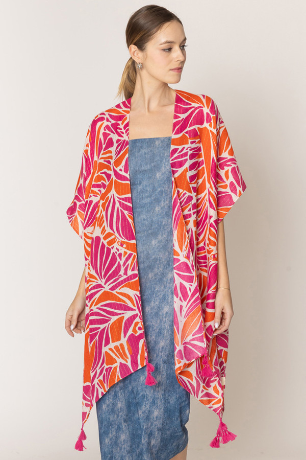 Abstract Leaves Pattern Tassel Kimono