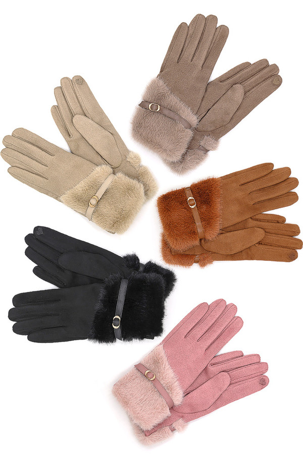 Mixed Color Faux Fur Cuff Smart Touch Gloves