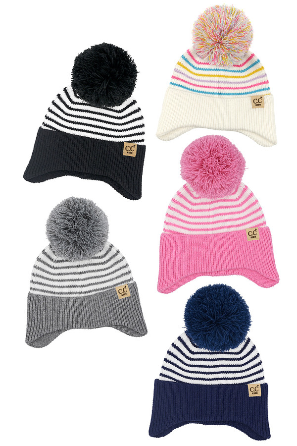 C.C Kids Stripe Earflap Yarn Pom Beanie Winter Hat C.C Kids Stripe Earflap Yarn Pom Beanie Winter Hat