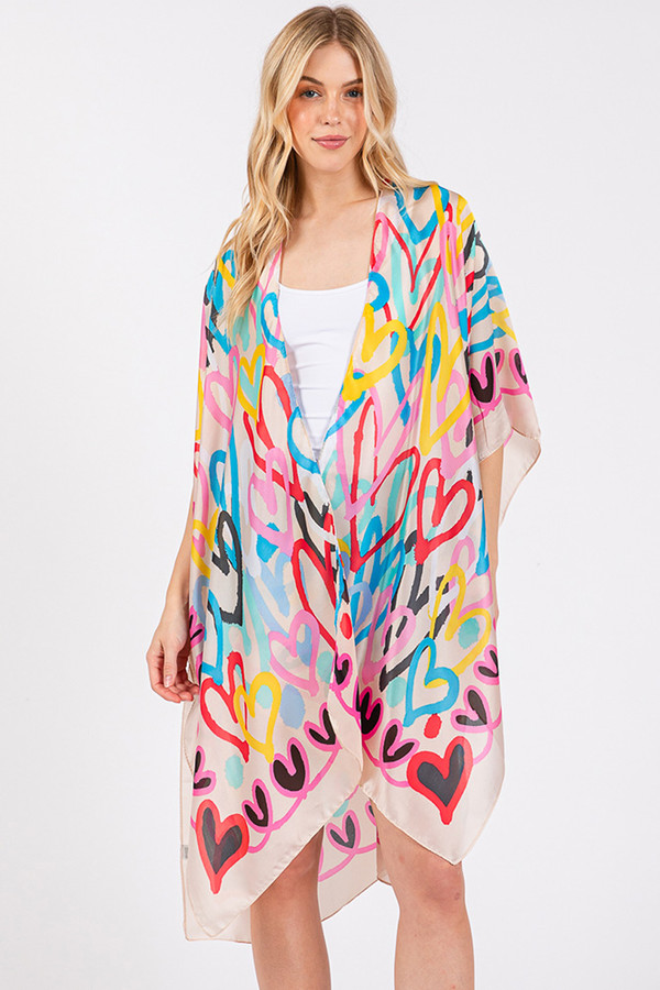 Multi Colored Heart Pattern Silky Feel Kimono