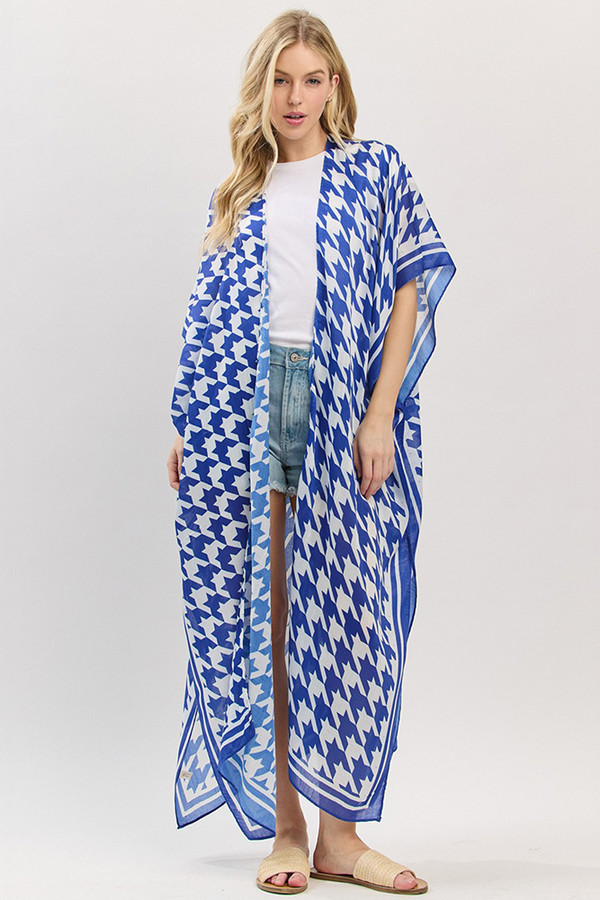 Houndstooth Pattern Open Front Long Kimono Houndstooth Pattern Open Front Long Kimono