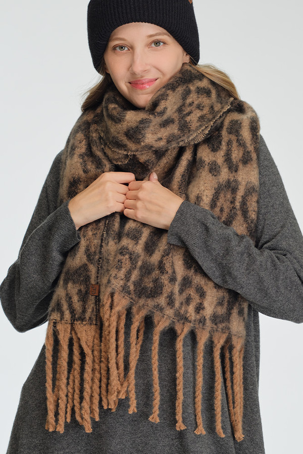 CC BEANIE Woven Leopard Pattern Print with Fringe Scarf CC BEANIE Woven Leopard Pattern Print with Fringe Scarf