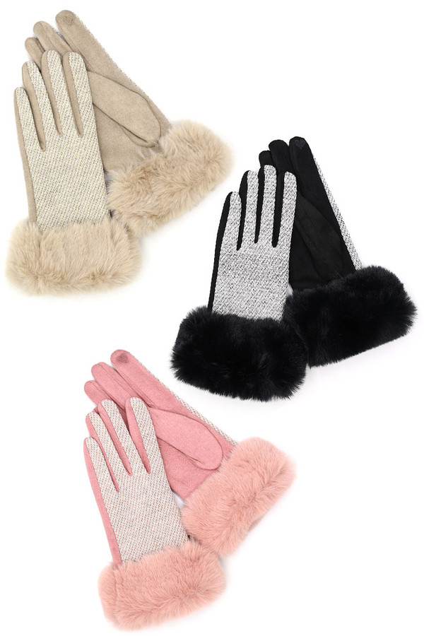 Faux Fur Cuff Mixed Colors Smart Touch Gloves