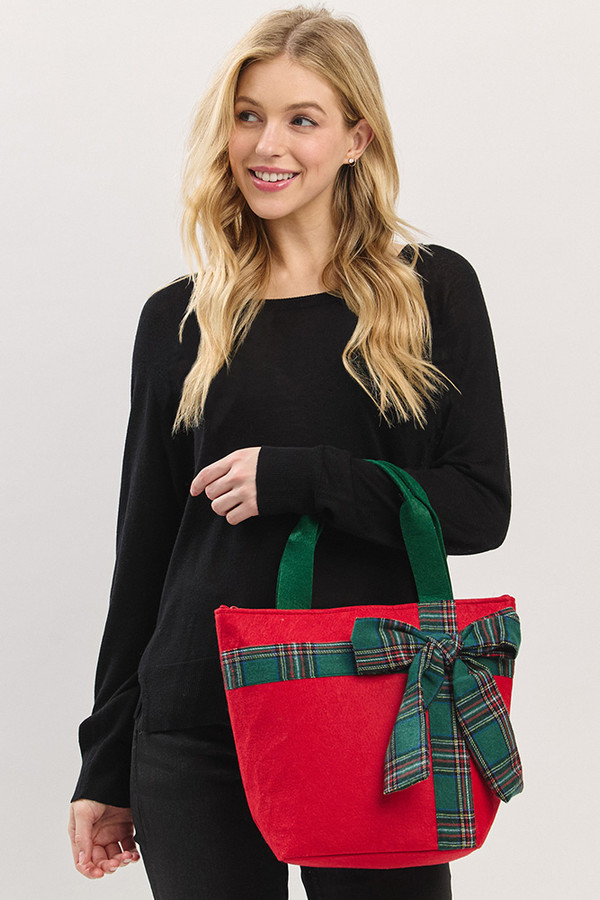 Christmas Theme Plaid Bow Point Tote Bag Christmas Theme Plaid Bow Point Tote Bag