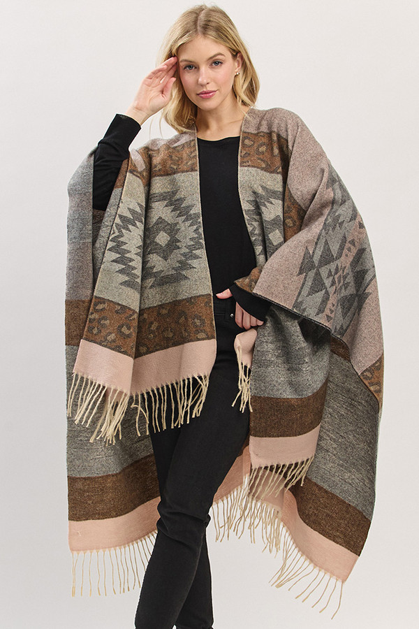Aztec Leopard Pattern Western Style Fringe Ruana Aztec Leopard Pattern Western Style Fringe Ruana