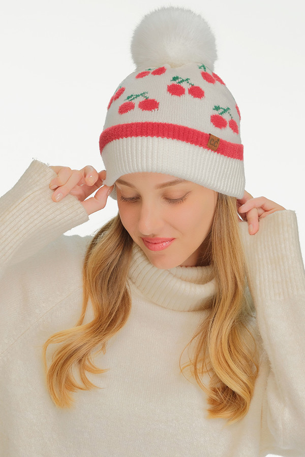 CC Beanie Cherry Pattern Pom Beanie Winter Hat CC Beanie Cherry Pattern Pom Beanie Winter Hat