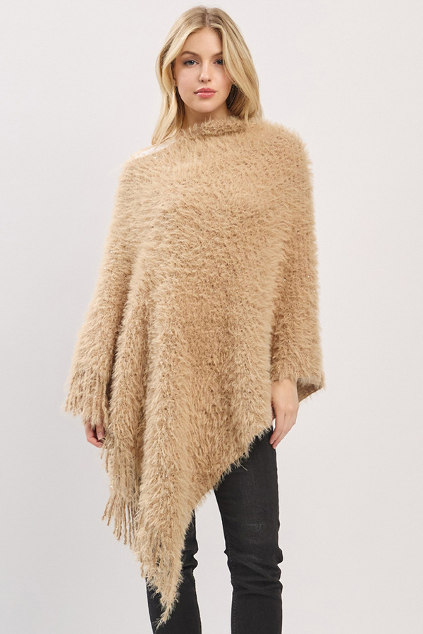 Fuzzy Sequin with Fringe Light Weight Solid Winter Poncho
Fuzzy Sequin with Fringe Light Weight Solid Winter Poncho