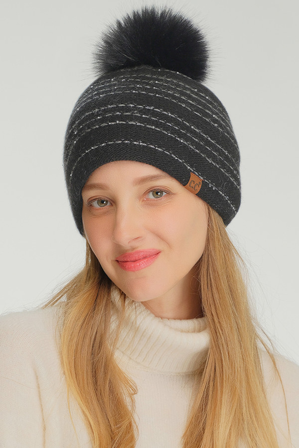 CC BEANIE Stripe Stitches with Sequin Angora Pom Beanie Winter Hat
 CC BEANIE Stripe Stitches with Sequin Angora Pom Beanie Winter Hat