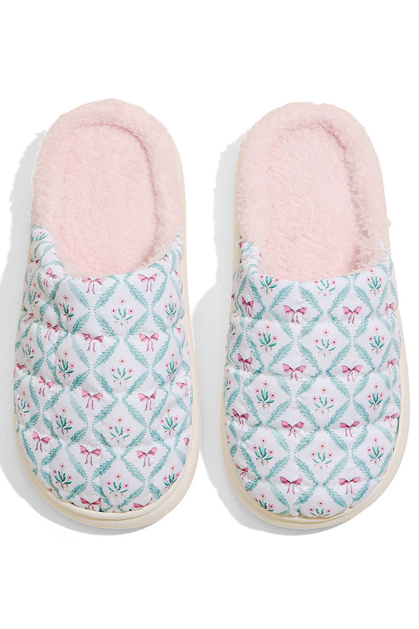 Pink Ribbon with Flowers Pattern Print Puffer Winter Slippers Pink Ribbon with Flowers Pattern Print Puffer Winter Slippers