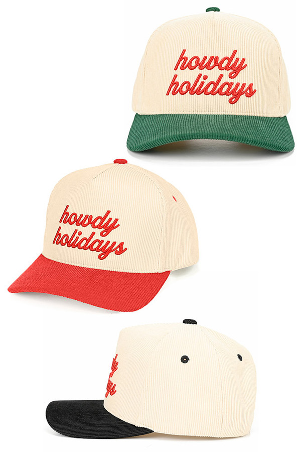 CC BEANIE HOWDY HOLIDAYS Letter Embroidered Holidays Theme Corduroy Trucker Hat Baseball Cap
